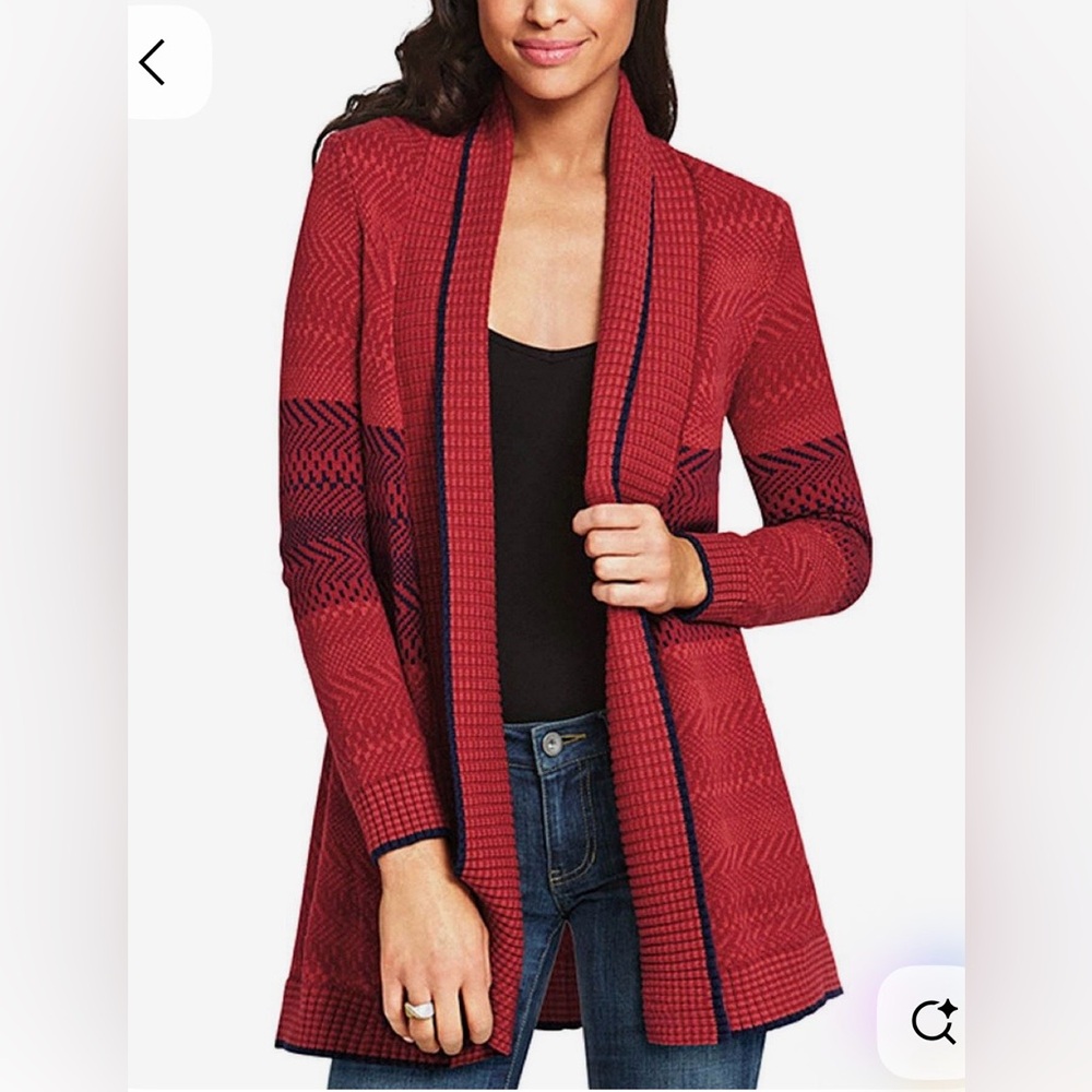 CAbi Joy Open Front Sweater Knit Cardigan  Red W/ Navy Blue Accent